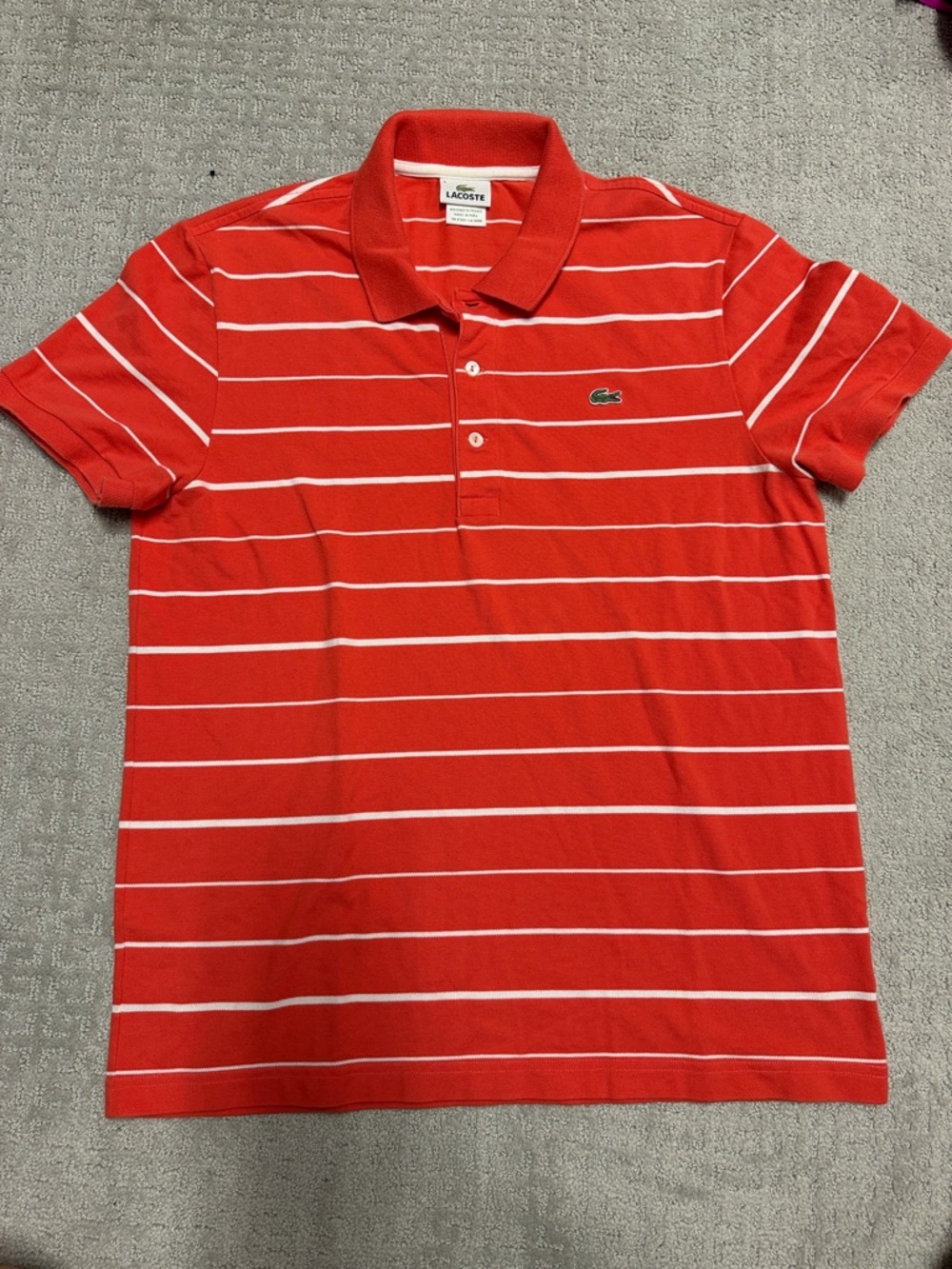 Lacoste Men’se Coral / Red Stripe Polo Shirt